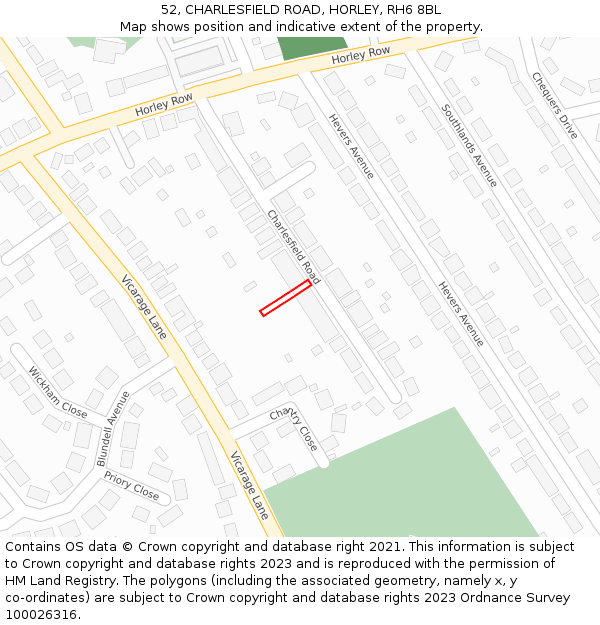 52, CHARLESFIELD ROAD, HORLEY, RH6 8BL: Location map and indicative extent of plot