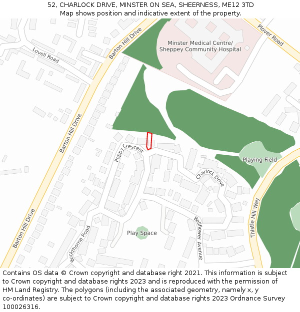 52, CHARLOCK DRIVE, MINSTER ON SEA, SHEERNESS, ME12 3TD: Location map and indicative extent of plot