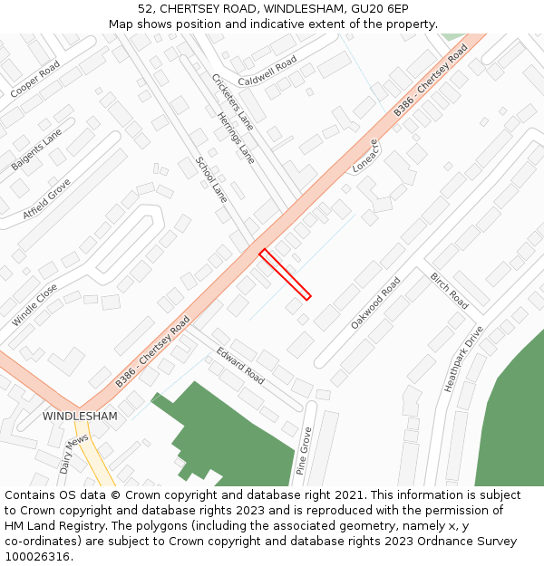 52, CHERTSEY ROAD, WINDLESHAM, GU20 6EP: Location map and indicative extent of plot