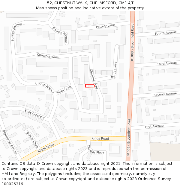 52, CHESTNUT WALK, CHELMSFORD, CM1 4JT: Location map and indicative extent of plot