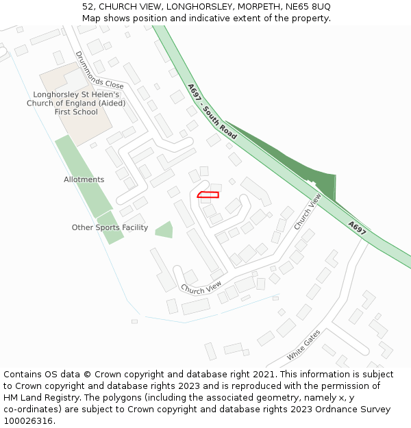 52, CHURCH VIEW, LONGHORSLEY, MORPETH, NE65 8UQ: Location map and indicative extent of plot