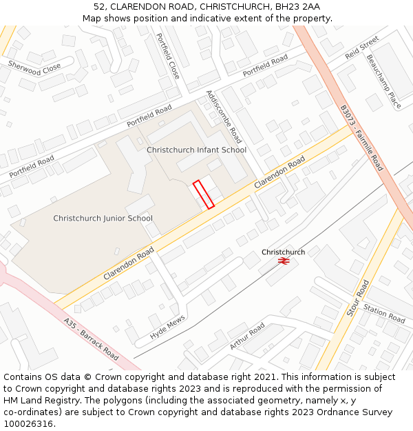 52, CLARENDON ROAD, CHRISTCHURCH, BH23 2AA: Location map and indicative extent of plot