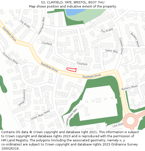 52, CLAYFIELD, YATE, BRISTOL, BS37 7HU: Location map and indicative extent of plot