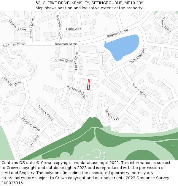 52, CLERKE DRIVE, KEMSLEY, SITTINGBOURNE, ME10 2RY: Location map and indicative extent of plot