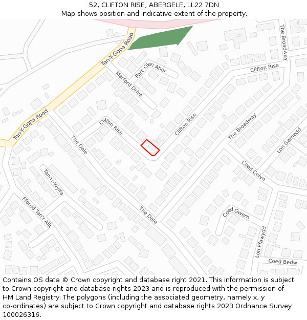 52, CLIFTON RISE, ABERGELE, LL22 7DN: Location map and indicative extent of plot