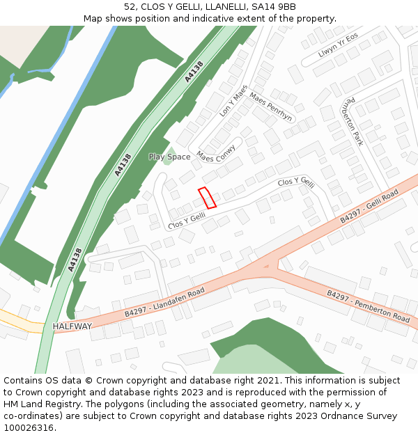 52, CLOS Y GELLI, LLANELLI, SA14 9BB: Location map and indicative extent of plot