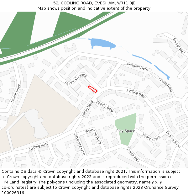 52, CODLING ROAD, EVESHAM, WR11 3JE: Location map and indicative extent of plot
