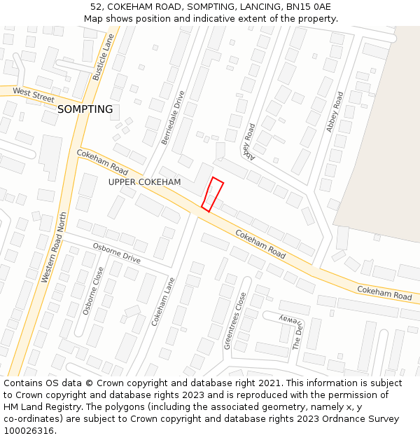 52, COKEHAM ROAD, SOMPTING, LANCING, BN15 0AE: Location map and indicative extent of plot