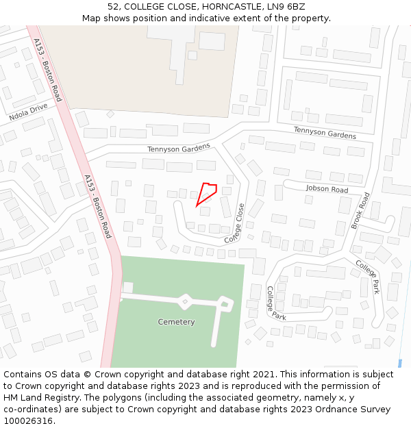 52, COLLEGE CLOSE, HORNCASTLE, LN9 6BZ: Location map and indicative extent of plot