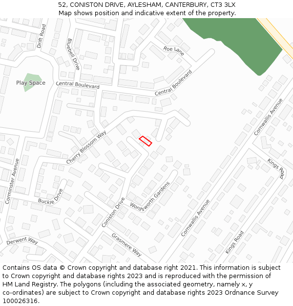52, CONISTON DRIVE, AYLESHAM, CANTERBURY, CT3 3LX: Location map and indicative extent of plot