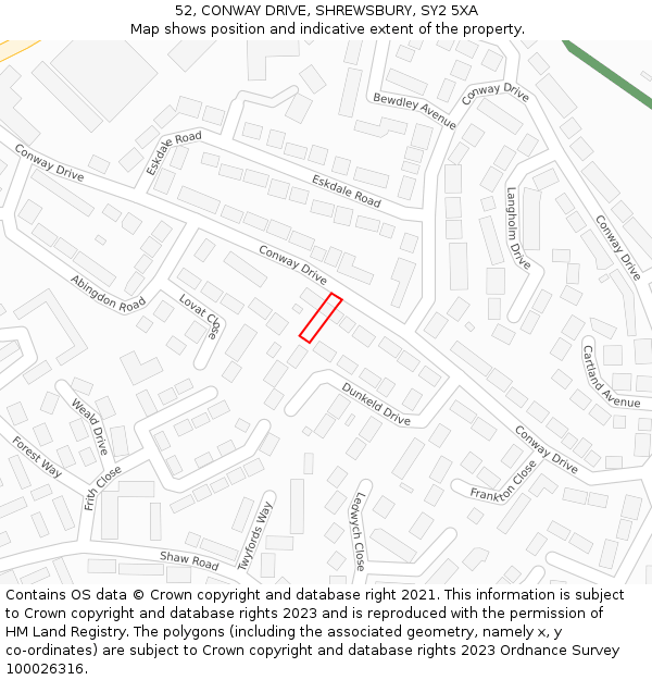 52, CONWAY DRIVE, SHREWSBURY, SY2 5XA: Location map and indicative extent of plot