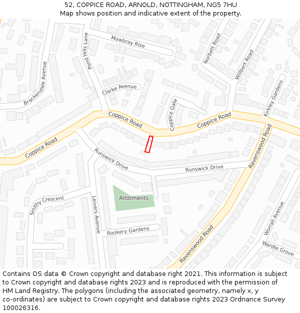 52, COPPICE ROAD, ARNOLD, NOTTINGHAM, NG5 7HU: Location map and indicative extent of plot