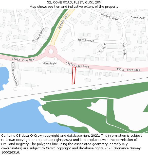 52, COVE ROAD, FLEET, GU51 2RN: Location map and indicative extent of plot