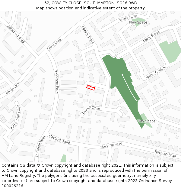 52, COWLEY CLOSE, SOUTHAMPTON, SO16 9WD: Location map and indicative extent of plot