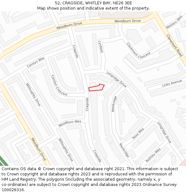 52, CRAGSIDE, WHITLEY BAY, NE26 3EE: Location map and indicative extent of plot