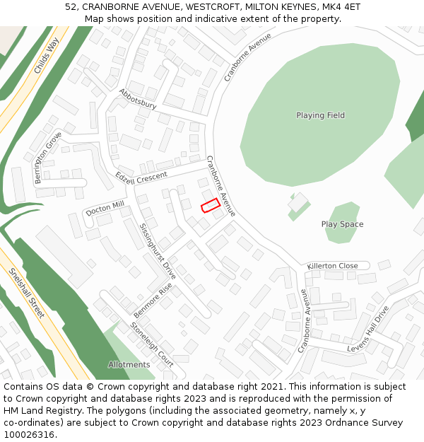 52, CRANBORNE AVENUE, WESTCROFT, MILTON KEYNES, MK4 4ET: Location map and indicative extent of plot