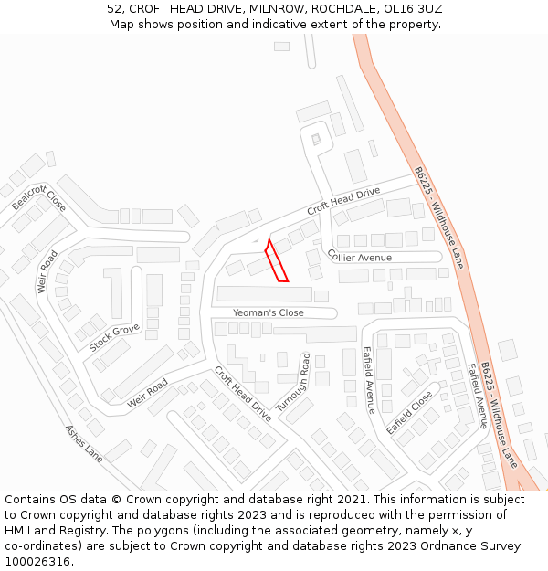 52, CROFT HEAD DRIVE, MILNROW, ROCHDALE, OL16 3UZ: Location map and indicative extent of plot