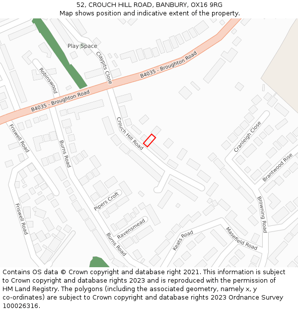 52, CROUCH HILL ROAD, BANBURY, OX16 9RG: Location map and indicative extent of plot