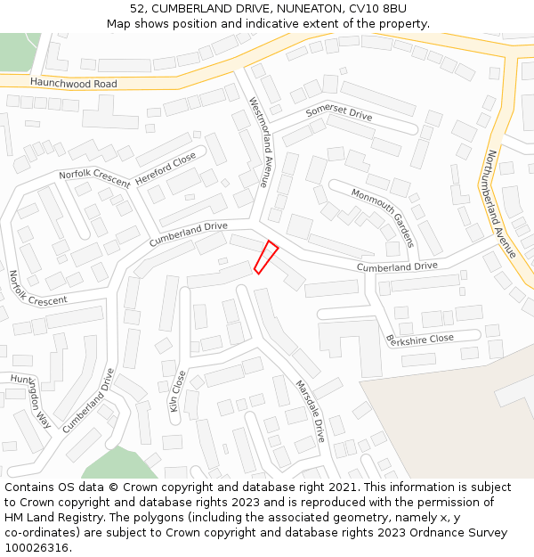 52, CUMBERLAND DRIVE, NUNEATON, CV10 8BU: Location map and indicative extent of plot