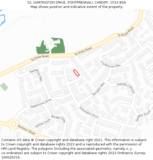 52, DARTINGTON DRIVE, PONTPRENNAU, CARDIFF, CF23 8SA: Location map and indicative extent of plot