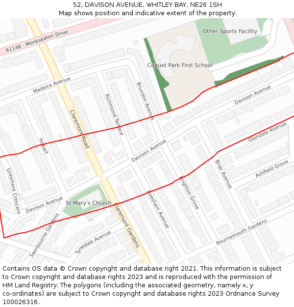 52, DAVISON AVENUE, WHITLEY BAY, NE26 1SH: Location map and indicative extent of plot