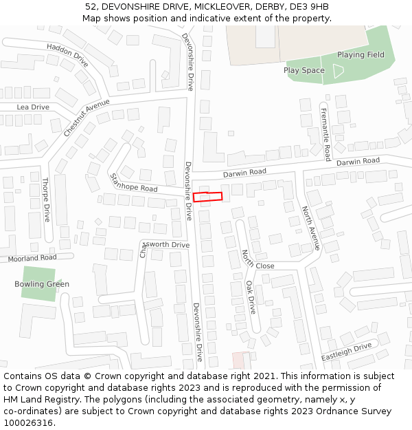 52, DEVONSHIRE DRIVE, MICKLEOVER, DERBY, DE3 9HB: Location map and indicative extent of plot