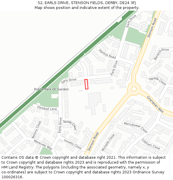 52, EARLS DRIVE, STENSON FIELDS, DERBY, DE24 3FJ: Location map and indicative extent of plot