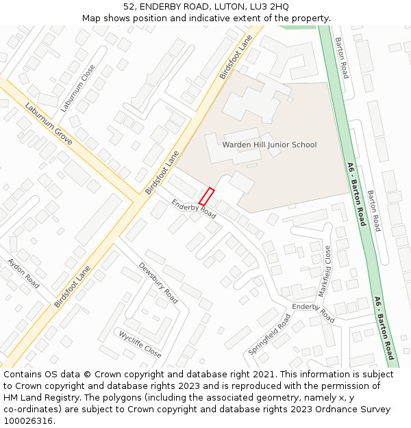 52, ENDERBY ROAD, LUTON, LU3 2HQ: Location map and indicative extent of plot