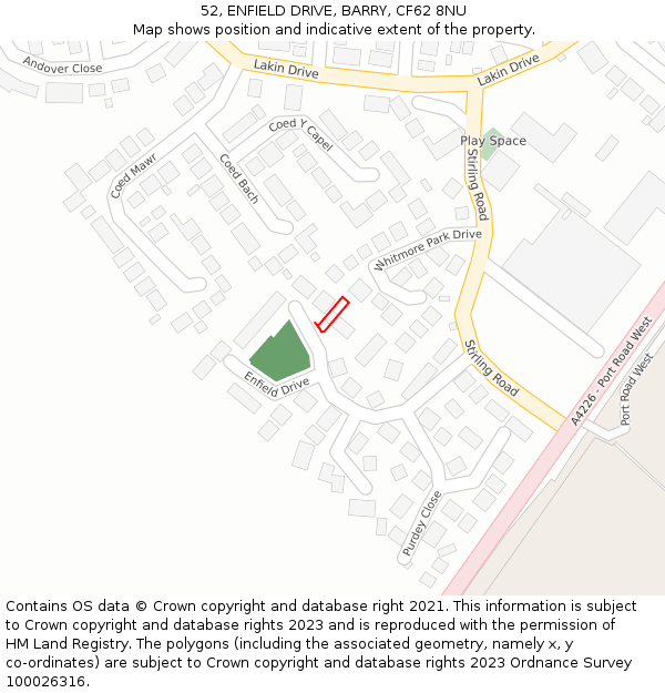 52, ENFIELD DRIVE, BARRY, CF62 8NU: Location map and indicative extent of plot