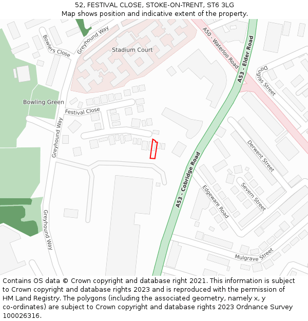 52, FESTIVAL CLOSE, STOKE-ON-TRENT, ST6 3LG: Location map and indicative extent of plot