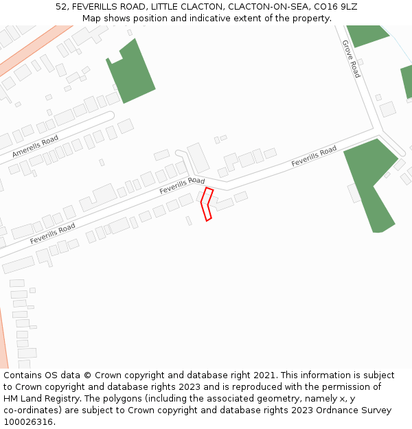 52, FEVERILLS ROAD, LITTLE CLACTON, CLACTON-ON-SEA, CO16 9LZ: Location map and indicative extent of plot