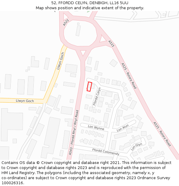 52, FFORDD CELYN, DENBIGH, LL16 5UU: Location map and indicative extent of plot