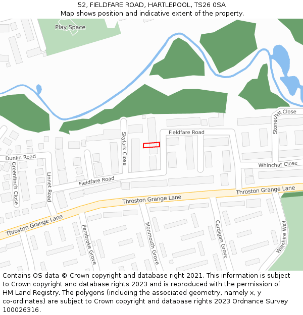 52, FIELDFARE ROAD, HARTLEPOOL, TS26 0SA: Location map and indicative extent of plot