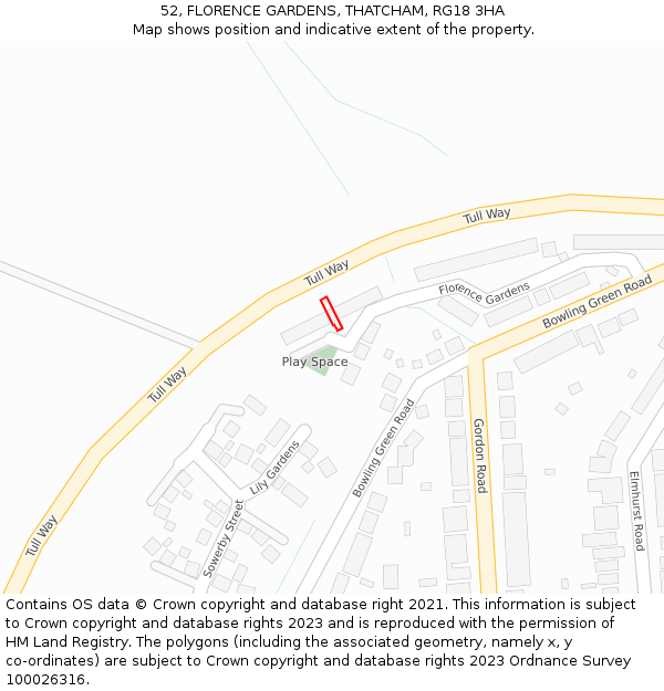 52, FLORENCE GARDENS, THATCHAM, RG18 3HA: Location map and indicative extent of plot