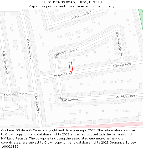 52, FOUNTAINS ROAD, LUTON, LU3 1LU: Location map and indicative extent of plot