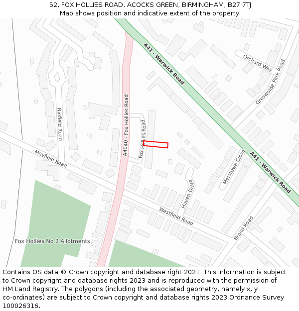 52, FOX HOLLIES ROAD, ACOCKS GREEN, BIRMINGHAM, B27 7TJ: Location map and indicative extent of plot