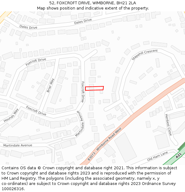 52, FOXCROFT DRIVE, WIMBORNE, BH21 2LA: Location map and indicative extent of plot