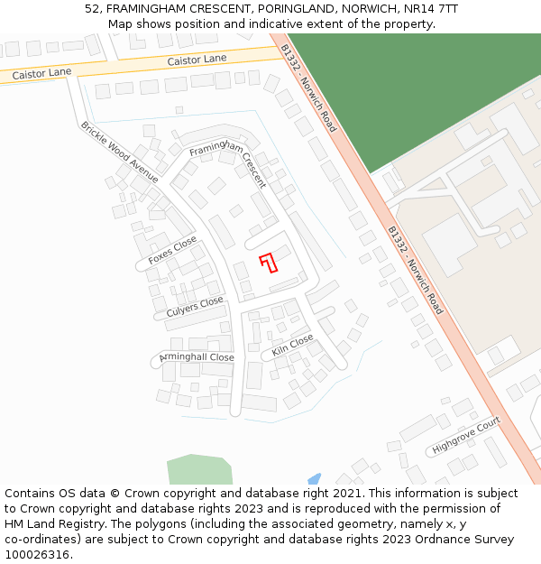 52, FRAMINGHAM CRESCENT, PORINGLAND, NORWICH, NR14 7TT: Location map and indicative extent of plot