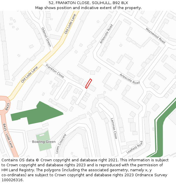 52, FRANKTON CLOSE, SOLIHULL, B92 8LX: Location map and indicative extent of plot