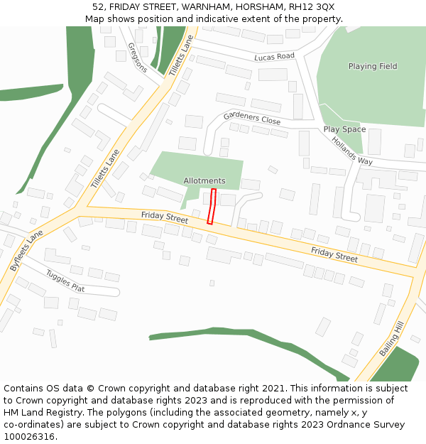 52, FRIDAY STREET, WARNHAM, HORSHAM, RH12 3QX: Location map and indicative extent of plot