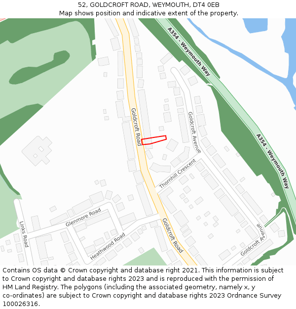 52, GOLDCROFT ROAD, WEYMOUTH, DT4 0EB: Location map and indicative extent of plot