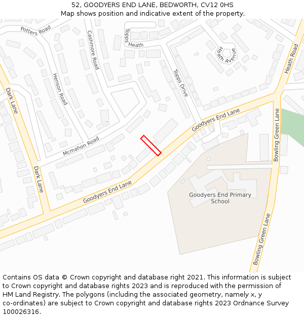 52, GOODYERS END LANE, BEDWORTH, CV12 0HS: Location map and indicative extent of plot