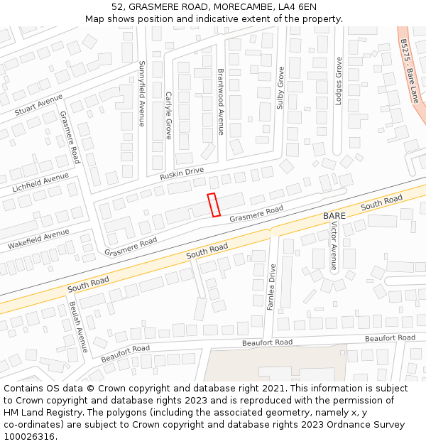 52, GRASMERE ROAD, MORECAMBE, LA4 6EN: Location map and indicative extent of plot