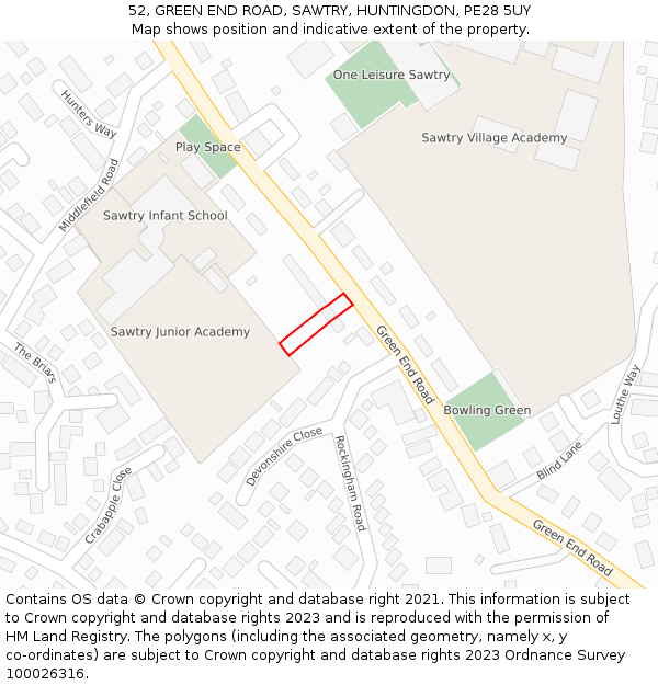 52, GREEN END ROAD, SAWTRY, HUNTINGDON, PE28 5UY: Location map and indicative extent of plot