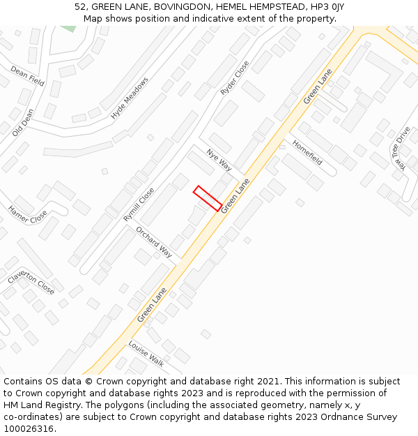 52, GREEN LANE, BOVINGDON, HEMEL HEMPSTEAD, HP3 0JY: Location map and indicative extent of plot