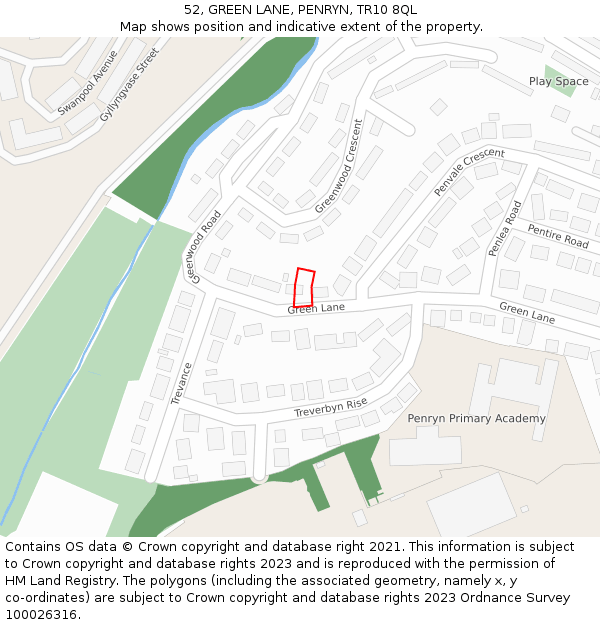 52, GREEN LANE, PENRYN, TR10 8QL: Location map and indicative extent of plot