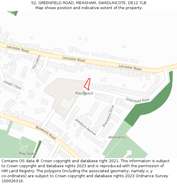 52, GREENFIELD ROAD, MEASHAM, SWADLINCOTE, DE12 7LB: Location map and indicative extent of plot