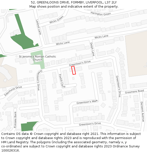 52, GREENLOONS DRIVE, FORMBY, LIVERPOOL, L37 2LY: Location map and indicative extent of plot