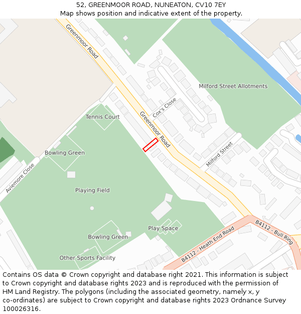 52, GREENMOOR ROAD, NUNEATON, CV10 7EY: Location map and indicative extent of plot