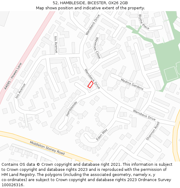 52, HAMBLESIDE, BICESTER, OX26 2GB: Location map and indicative extent of plot